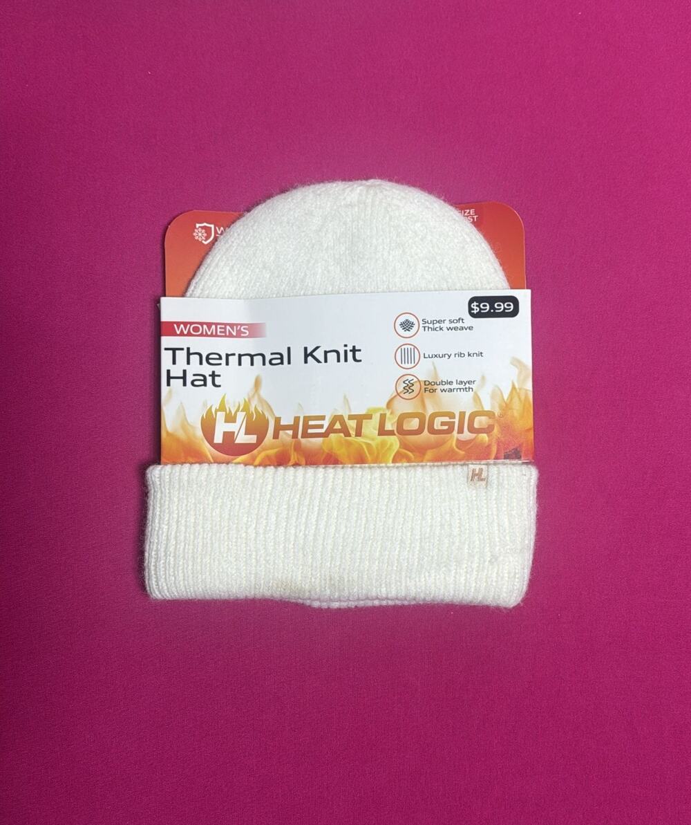 Heat Logic Women’s Cozy Lined Knit Hat White Faux Fur Pom Cable Knit Warm